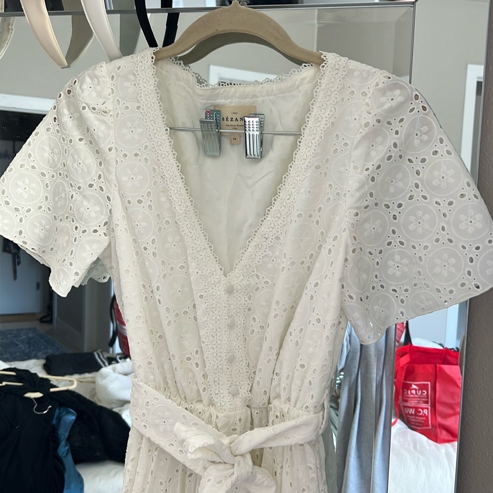 Sézane | White Eyelet Midi Dress | Size 34